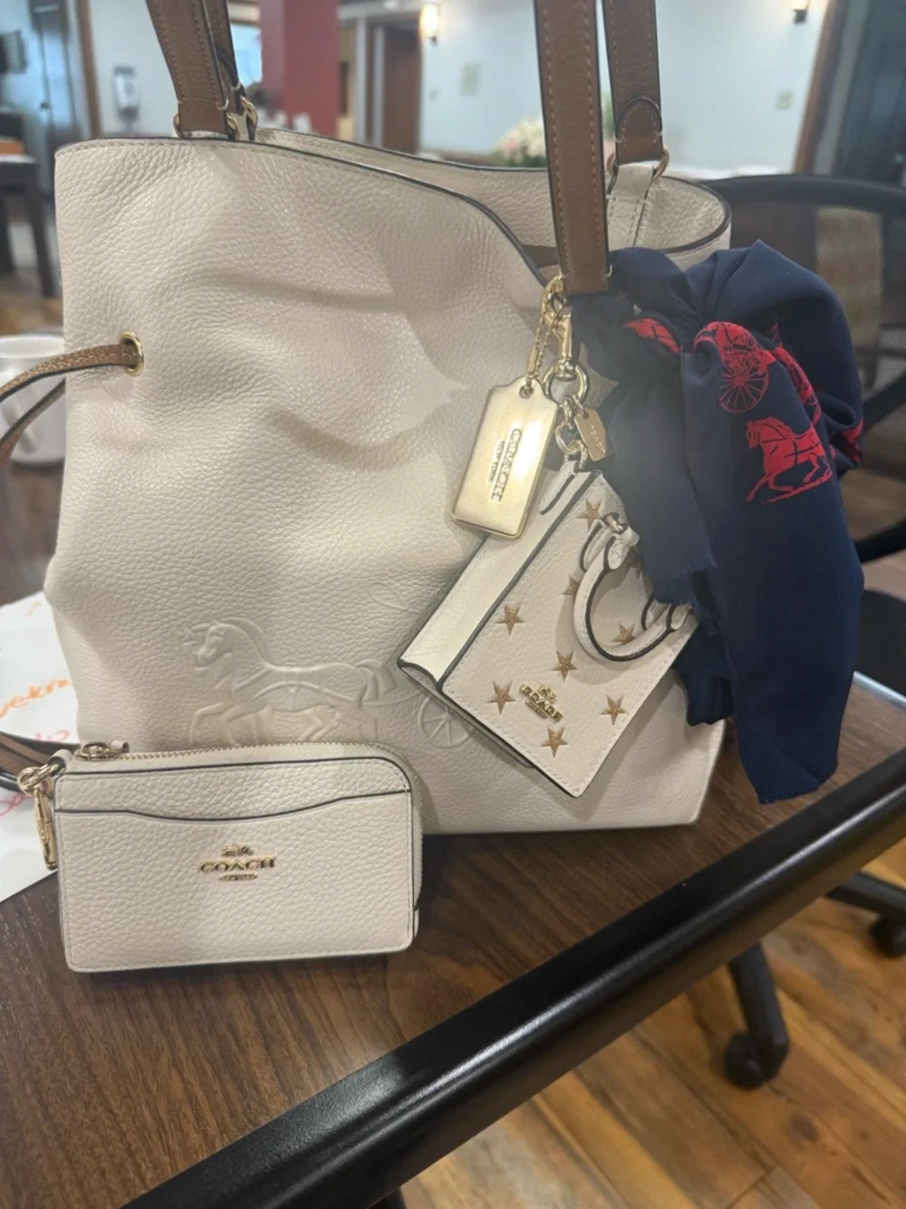 Coach auth bag, wallet, charm & CELINE scarf. Cream & brown 2023 4 bundle price